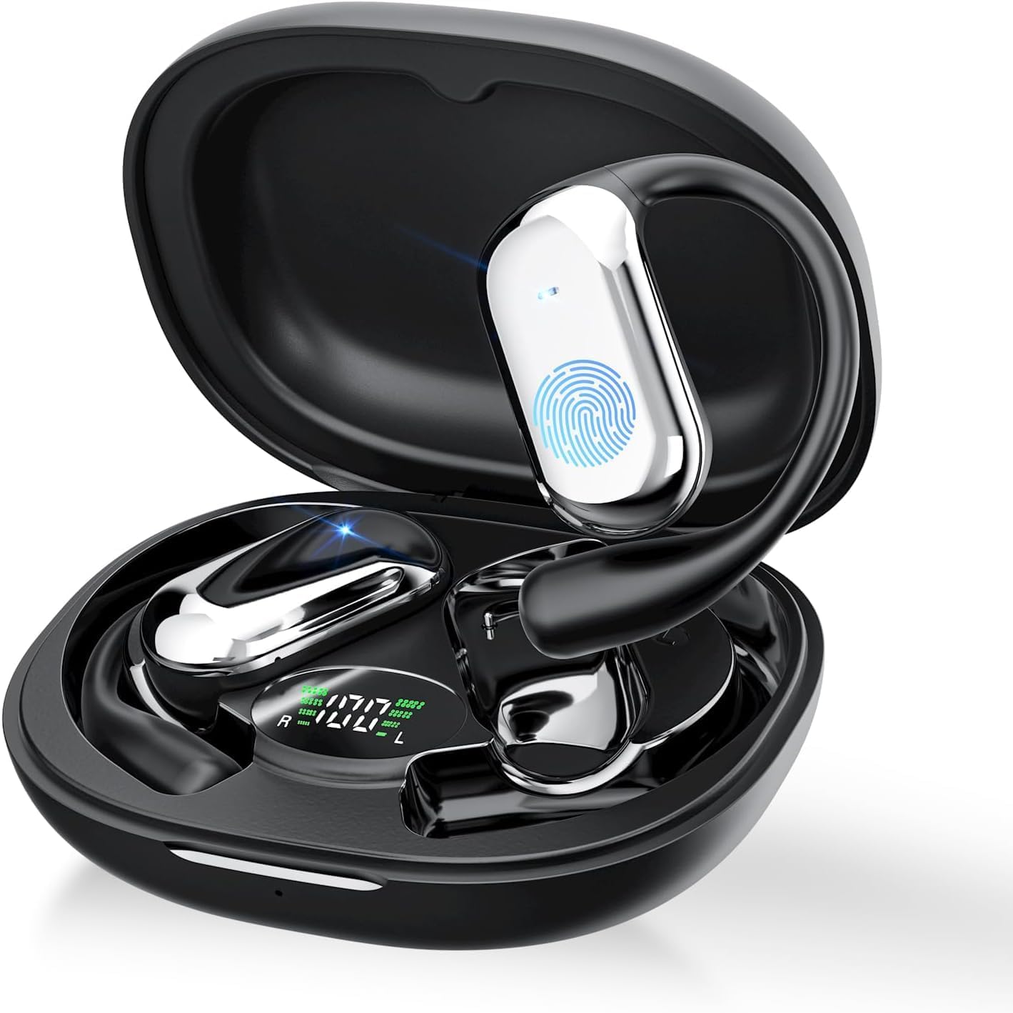 Auriculares Oreja Abierta Bluetooth 5.4, Auriculares Inalámbricos Deportivos con Gancho, Reproducción de 50H Pantalla LED, Cascos con micrófono Incorporado, Control Táctil