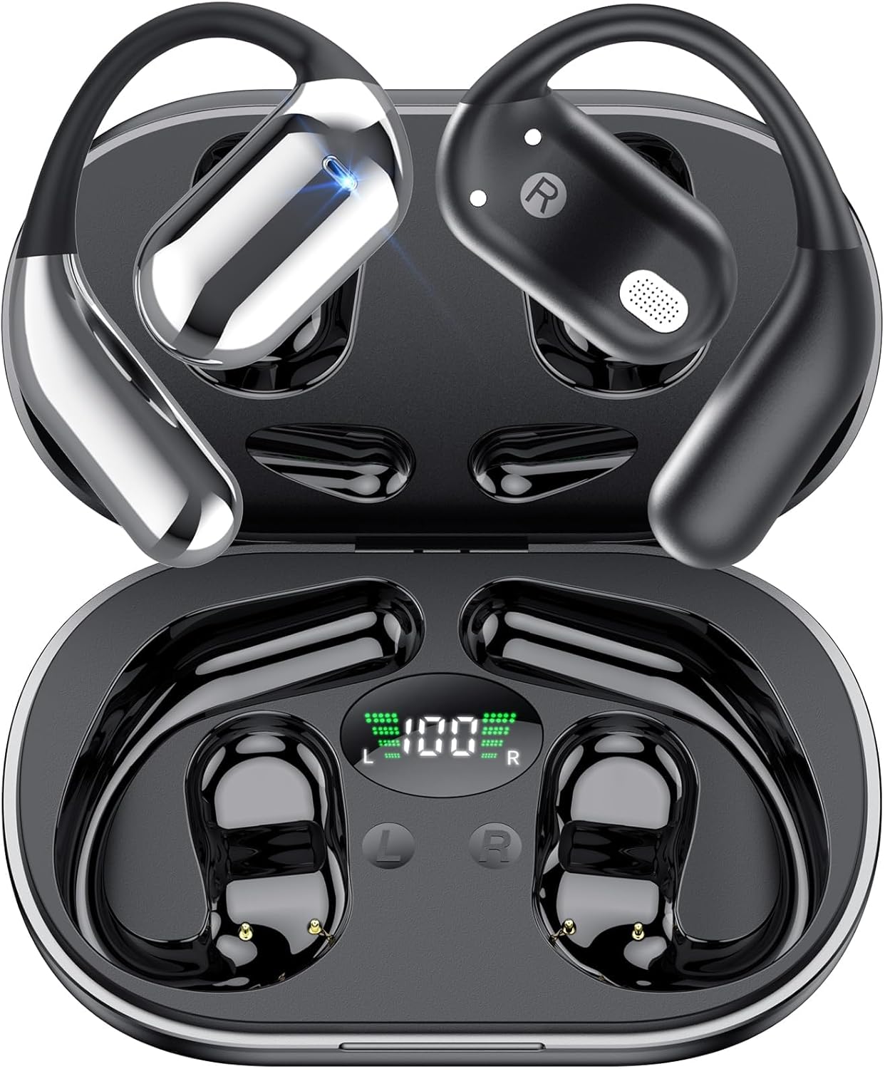 Auriculares Inalámbricos Deportivos, 2025 inalámbricos Auriculares Oreja Abierta Bluetooth 5.4 con Gancho, 50 Horas de reproducción con Pantalla LED, IP7 Impermeable para Running Sport, Control Táctil