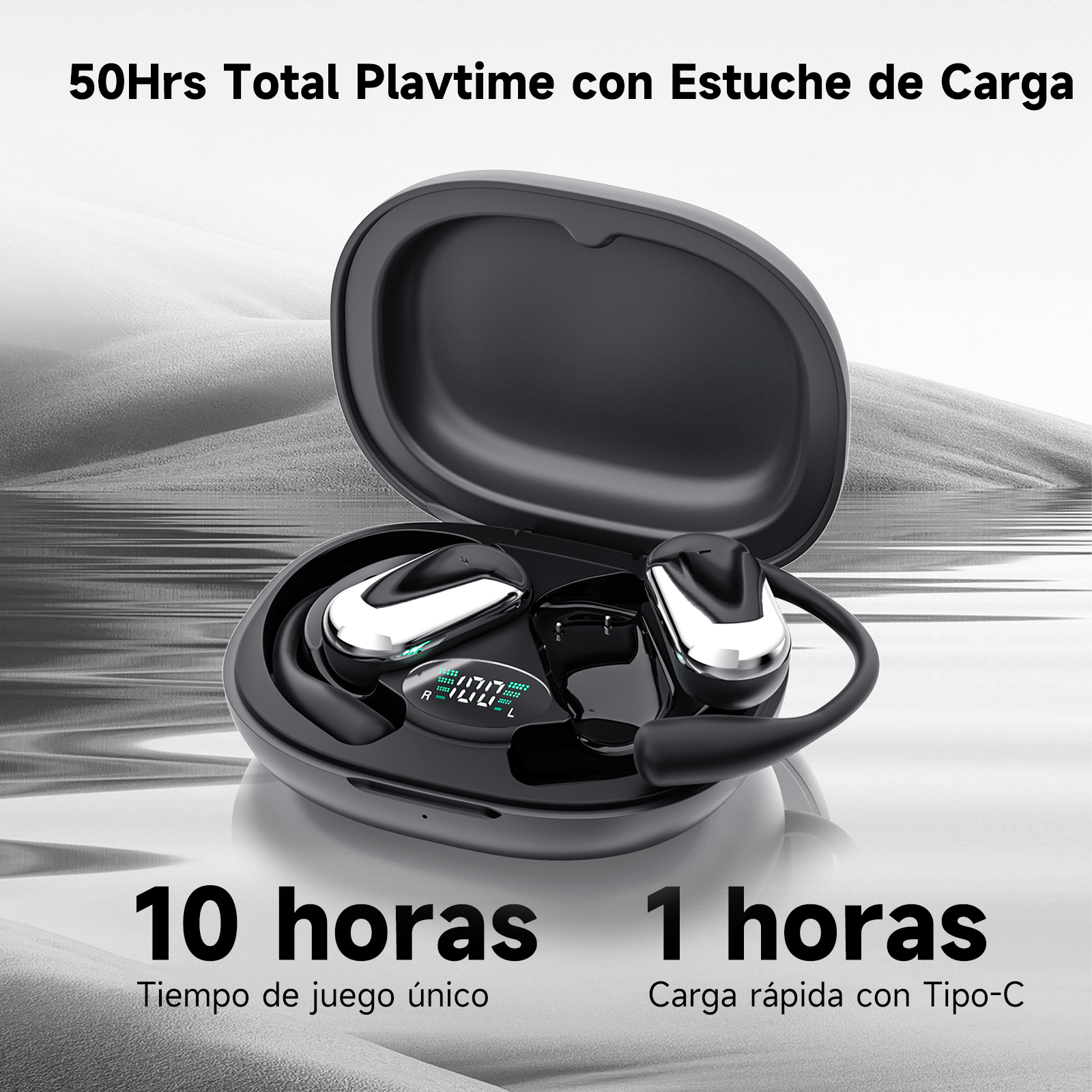 Auriculares Oreja Abierta Bluetooth 5.4, Auriculares Inalámbricos Deportivos con Gancho, Reproducción de 50H Pantalla LED, Cascos con micrófono Incorporado, Control Táctil - Image 5