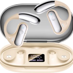 Open Ear Bluetooth 5.4 Earbuds, 2024 Wireless Headphones Sport Over Earphones Built-in Mic with Ear Hooks 50H Playtime Ear Buds LED Display Charging Case, Waterproof Design for Running Fitness, Khaki