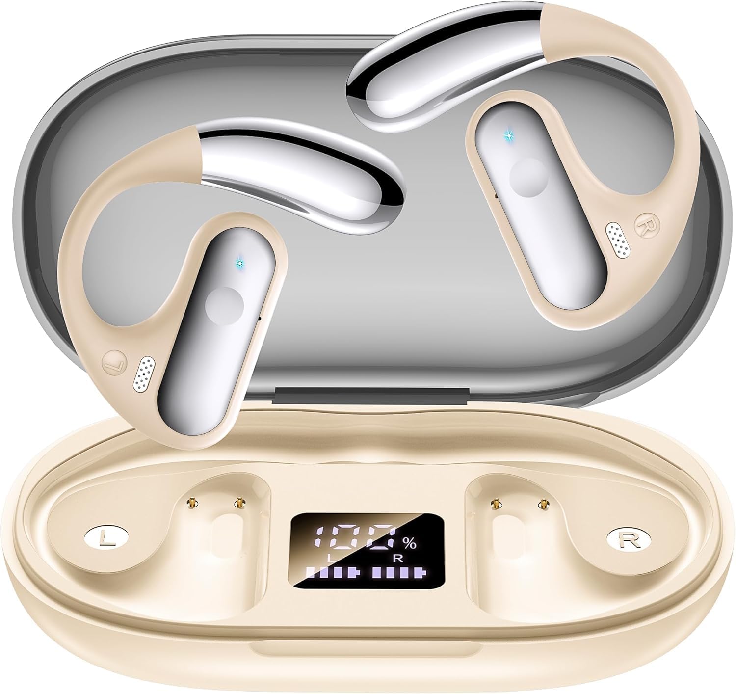 Open Ear Bluetooth 5.4 Earbuds, 2024 Wireless Headphones Sport Over Earphones Built-in Mic with Ear Hooks 50H Playtime Ear Buds LED Display Charging Case, Waterproof Design for Running Fitness, Khaki