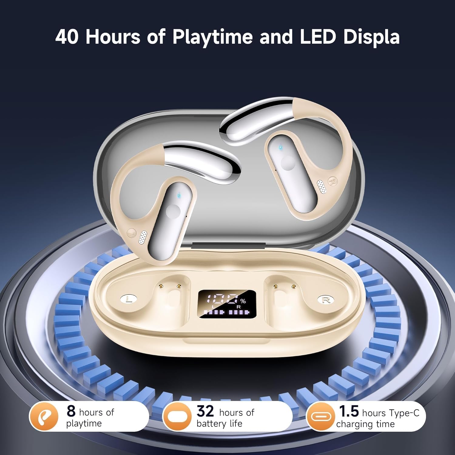 Open Ear Bluetooth 5.4 Earbuds, 2024 Wireless Headphones Sport Over Earphones Built-in Mic with Ear Hooks 50H Playtime Ear Buds LED Display Charging Case, Waterproof Design for Running Fitness, Khaki - Image 2