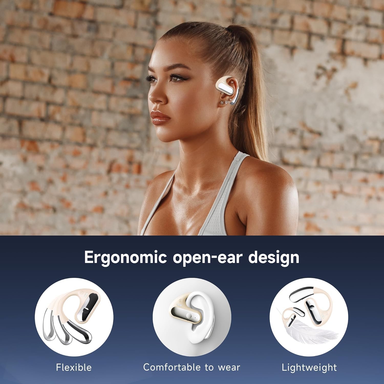 Open Ear Bluetooth 5.4 Earbuds, 2024 Wireless Headphones Sport Over Earphones Built-in Mic with Ear Hooks 50H Playtime Ear Buds LED Display Charging Case, Waterproof Design for Running Fitness, Khaki - Image 7